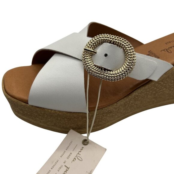 Mila Paoli NEW 7.5 White Leather Wedge Sandals Gold Buckle Made In Italy Boho - Picture 8 of 11